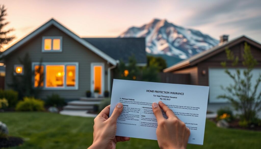A serene and tranquil scene of a cozy Canadian home, its exterior softly illuminated by warm, diffused lighting. In the foreground, a pair of hands carefully hold an official mortgage document, symbolizing the importance of home protection insurance during the refinancing process. The midground features a well-maintained lawn and lush, verdant plants, conveying a sense of security and stability. In the background, a majestic, snow-capped mountain range stands tall, evoking a feeling of strength and resilience. The overall atmosphere is one of calm, reassurance, and the unwavering commitment to safeguarding one's most valuable asset - the home. A serene and tranquil scene of a cozy Canadian home, its exterior softly illuminated by warm, diffused lighting. In the foreground, a pair of hands carefully hold an official mortgage document, symbolizing the importance of home protection insurance during the refinancing process. The midground features a well-maintained lawn and lush, verdant plants, conveying a sense of security and stability. In the background, a majestic, snow-capped mountain range stands tall, evoking a feeling of strength and resilience. The overall atmosphere is one of calm, reassurance, and the unwavering commitment to safeguarding one's most valuable asset - the home.