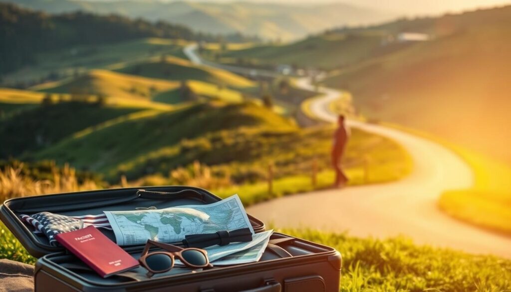 A serene landscape of rolling hills and lush greenery, with a winding road leading into the distance. In the foreground, a traveler's suitcase sits open, surrounded by various travel-related items like a passport, sunglasses, and a map. In the middle ground, a silhouette of a person stands, gazing out at the horizon. The scene is bathed in warm, golden light, creating a sense of adventure and exploration. The overall mood is one of anticipation and preparation, reflecting the importance of comprehensive travel insurance in ensuring a safe and worry-free journey. A serene landscape of rolling hills and lush greenery, with a winding road leading into the distance. In the foreground, a traveler's suitcase sits open, surrounded by various travel-related items like a passport, sunglasses, and a map. In the middle ground, a silhouette of a person stands, gazing out at the horizon. The scene is bathed in warm, golden light, creating a sense of adventure and exploration. The overall mood is one of anticipation and preparation, reflecting the importance of comprehensive travel insurance in ensuring a safe and worry-free journey.