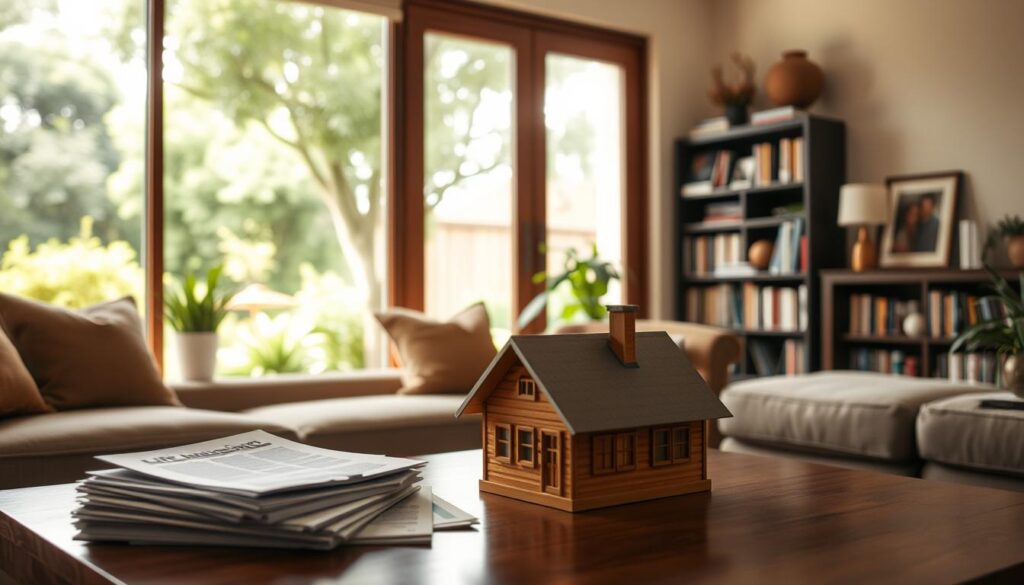 A serene living room with a large window overlooking a lush garden. On the coffee table, a stack of life insurance documents and a house-shaped model, symbolizing the connection between life insurance and mortgages. The lighting is soft and warm, creating a sense of security and stability. In the background, a bookshelf filled with financial planning guides and a framed family portrait, conveying the importance of protecting loved ones and assets. The overall atmosphere is one of thoughtful planning and financial responsibility. A serene living room with a large window overlooking a lush garden. On the coffee table, a stack of life insurance documents and a house-shaped model, symbolizing the connection between life insurance and mortgages. The lighting is soft and warm, creating a sense of security and stability. In the background, a bookshelf filled with financial planning guides and a framed family portrait, conveying the importance of protecting loved ones and assets. The overall atmosphere is one of thoughtful planning and financial responsibility.