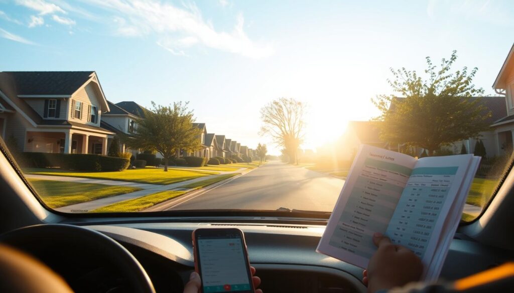 A serene morning landscape, a car parked on a quiet suburban street, its owner examining the insurance documents in hand. Soft, warm lighting filters through wispy clouds, casting a golden glow over the scene. In the foreground, the car's dashboard is visible, a mobile device displaying insurance comparison rates and options. The middle ground showcases the well-maintained neighborhood, with neatly trimmed lawns and a few leafy trees lining the street. The background features a clear blue sky, hinting at the promise of a pleasant day ahead. The overall atmosphere conveys a sense of calm, ease, and the opportunity to find the best time to renew car insurance at the lowest price. A serene morning landscape, a car parked on a quiet suburban street, its owner examining the insurance documents in hand. Soft, warm lighting filters through wispy clouds, casting a golden glow over the scene. In the foreground, the car's dashboard is visible, a mobile device displaying insurance comparison rates and options. The middle ground showcases the well-maintained neighborhood, with neatly trimmed lawns and a few leafy trees lining the street. The background features a clear blue sky, hinting at the promise of a pleasant day ahead. The overall atmosphere conveys a sense of calm, ease, and the opportunity to find the best time to renew car insurance at the lowest price.