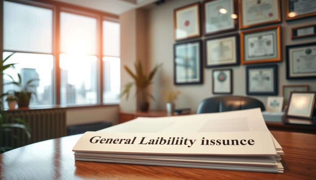 A serene office interior, bathed in warm, natural lighting. In the foreground, a stack of documents labeled "General Liability Insurance" sits atop a polished wooden desk, its pages crisp and inviting. Behind it, a large window reveals a cityscape, hinting at the high-risk business world beyond. Framed diplomas and certificates line the walls, conveying a sense of professionalism and expertise. The atmosphere is one of security, protection, and the reassurance that comes with comprehensive coverage. A sense of calm and confidence pervades the scene, reflecting the importance of this essential business safeguard. A serene office interior, bathed in warm, natural lighting. In the foreground, a stack of documents labeled "General Liability Insurance" sits atop a polished wooden desk, its pages crisp and inviting. Behind it, a large window reveals a cityscape, hinting at the high-risk business world beyond. Framed diplomas and certificates line the walls, conveying a sense of professionalism and expertise. The atmosphere is one of security, protection, and the reassurance that comes with comprehensive coverage. A sense of calm and confidence pervades the scene, reflecting the importance of this essential business safeguard.