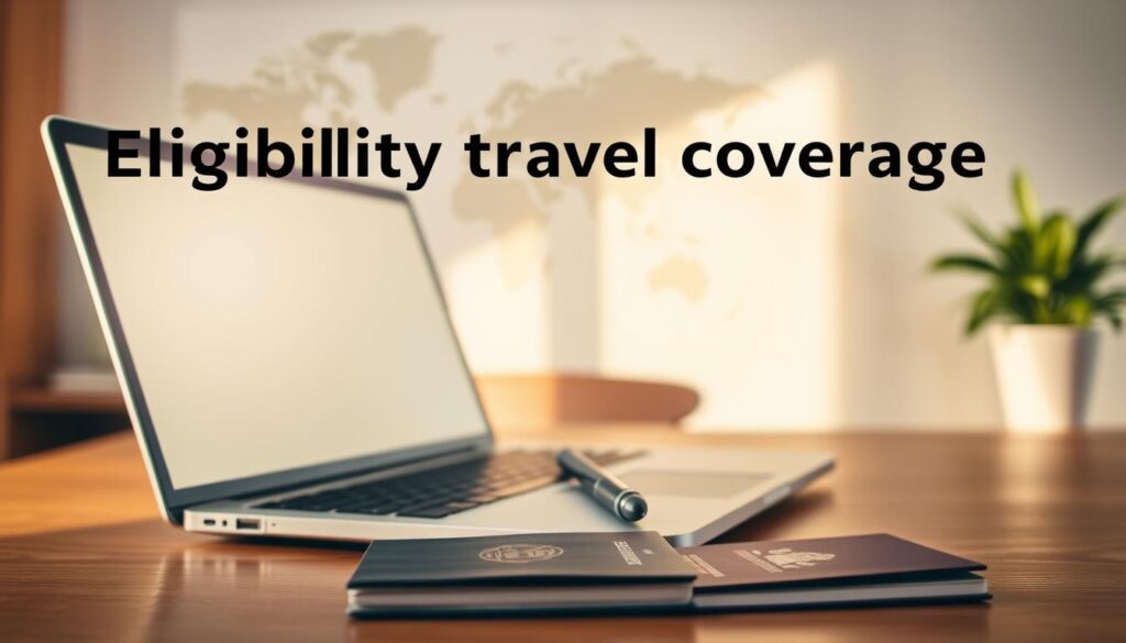 A serene office workspace with a laptop, a pen, and a passport placed on a wooden desk, symbolizing the concept of "eligibility travel coverage". The lighting is warm and natural, casting a soft glow on the scene. In the background, a blurred world map suggests the global nature of the coverage. The composition is balanced, with the key elements positioned to draw the viewer's attention to the core message. The overall atmosphere conveys a sense of professionalism, reliability, and preparedness for international business travel. A serene office workspace with a laptop, a pen, and a passport placed on a wooden desk, symbolizing the concept of "eligibility travel coverage". The lighting is warm and natural, casting a soft glow on the scene. In the background, a blurred world map suggests the global nature of the coverage. The composition is balanced, with the key elements positioned to draw the viewer's attention to the core message. The overall atmosphere conveys a sense of professionalism, reliability, and preparedness for international business travel.