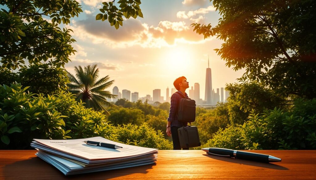 A serene scene of a young international student standing amidst lush greenery, their luggage by their side, gazing up at a vibrant, sun-dappled sky. In the foreground, a stack of documents and a pen symbolize the importance of comprehensive travel insurance, while in the background, a modern city skyline suggests the global nature of their journey. Warm, golden lighting bathes the entire composition, creating a sense of comfort and security. The image conveys the peace of mind that comes with choosing the right student travel insurance policy to protect one's overseas studies and adventures. A serene scene of a young international student standing amidst lush greenery, their luggage by their side, gazing up at a vibrant, sun-dappled sky. In the foreground, a stack of documents and a pen symbolize the importance of comprehensive travel insurance, while in the background, a modern city skyline suggests the global nature of their journey. Warm, golden lighting bathes the entire composition, creating a sense of comfort and security. The image conveys the peace of mind that comes with choosing the right student travel insurance policy to protect one's overseas studies and adventures.