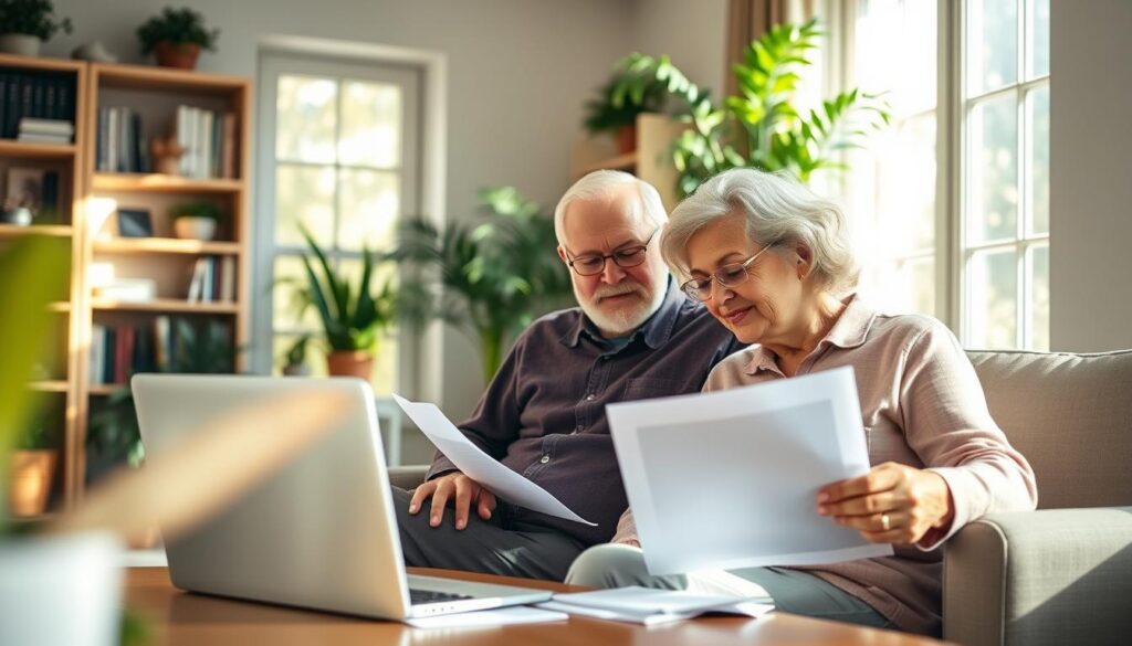 A serene, sun-dappled office setting where a senior couple sits comfortably, reviewing documents related to their no-exam life insurance policy. The foreground features the couple, their expressions calm and confident, surrounded by a tastefully decorated interior with bookshelves, potted plants, and a large window letting in warm, natural light. The middle ground showcases a laptop and paperwork, symbolizing the simplicity and convenience of the application process. The background gently blurs, creating a sense of focus on the primary subjects and the important financial decision at hand. The overall mood is one of security, trust, and a life well-lived. A serene, sun-dappled office setting where a senior couple sits comfortably, reviewing documents related to their no-exam life insurance policy. The foreground features the couple, their expressions calm and confident, surrounded by a tastefully decorated interior with bookshelves, potted plants, and a large window letting in warm, natural light. The middle ground showcases a laptop and paperwork, symbolizing the simplicity and convenience of the application process. The background gently blurs, creating a sense of focus on the primary subjects and the important financial decision at hand. The overall mood is one of security, trust, and a life well-lived.