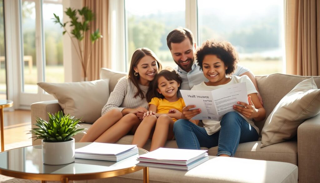 A serene, sun-dappled scene of an American family examining health insurance plan options on a tablet device. The foreground features a smiling, diverse family - parents and children - sitting comfortably on a plush, neutral-toned couch. Mid-ground showcases an elegant, minimalist side table displaying a potted plant and a tidy stack of insurance brochures. The background depicts a warm, airy living room with large windows overlooking a tranquil suburban landscape. The lighting is soft and natural, creating a calming, contemplative atmosphere. The image conveys a sense of thoughtful decision-making and financial security for the family's healthcare needs. A serene, sun-dappled scene of an American family examining health insurance plan options on a tablet device. The foreground features a smiling, diverse family - parents and children - sitting comfortably on a plush, neutral-toned couch. Mid-ground showcases an elegant, minimalist side table displaying a potted plant and a tidy stack of insurance brochures. The background depicts a warm, airy living room with large windows overlooking a tranquil suburban landscape. The lighting is soft and natural, creating a calming, contemplative atmosphere. The image conveys a sense of thoughtful decision-making and financial security for the family's healthcare needs.