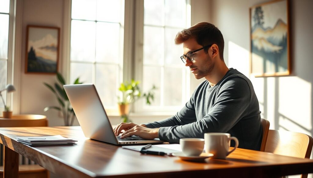 A serene, sunlit scene of a person sitting at a wooden desk, focused on a laptop screen. The desktop is neatly organized, with a stack of documents, a pen, and a cup of coffee. The walls are adorned with soothing, nature-inspired artwork, creating a calming atmosphere. Soft, diffused lighting filters through large windows, casting a warm glow on the scene. The person's expression is one of concentration, as they navigate the intricacies of an online health insurance enrollment process. The overall mood conveys a sense of efficiency, simplicity, and a commitment to finding the right, affordable private medical policy. A serene, sunlit scene of a person sitting at a wooden desk, focused on a laptop screen. The desktop is neatly organized, with a stack of documents, a pen, and a cup of coffee. The walls are adorned with soothing, nature-inspired artwork, creating a calming atmosphere. Soft, diffused lighting filters through large windows, casting a warm glow on the scene. The person's expression is one of concentration, as they navigate the intricacies of an online health insurance enrollment process. The overall mood conveys a sense of efficiency, simplicity, and a commitment to finding the right, affordable private medical policy.