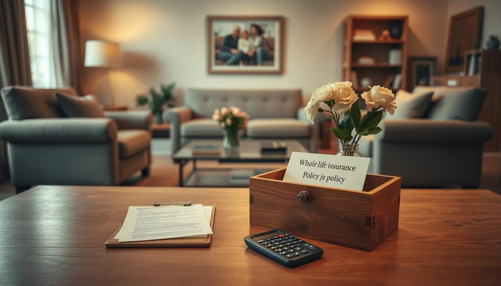 A serene, warm-toned scene depicting a whole life insurance policy and related final expense items. In the foreground, a wooden box with a life insurance policy and calculator sit atop a polished oak table, bathed in soft, diffused lighting. In the middle ground, a family photograph and a vase of fresh flowers add a personal touch. The background is a muted, inviting living room with plush armchairs and bookshelves, conveying a sense of comfort and security. The overall atmosphere is one of thoughtful planning, financial responsibility, and cherished memories, reflecting the importance of final expenses coverage for providing peace of mind. A serene, warm-toned scene depicting a whole life insurance policy and related final expense items. In the foreground, a wooden box with a life insurance policy and calculator sit atop a polished oak table, bathed in soft, diffused lighting. In the middle ground, a family photograph and a vase of fresh flowers add a personal touch. The background is a muted, inviting living room with plush armchairs and bookshelves, conveying a sense of comfort and security. The overall atmosphere is one of thoughtful planning, financial responsibility, and cherished memories, reflecting the importance of final expenses coverage for providing peace of mind.