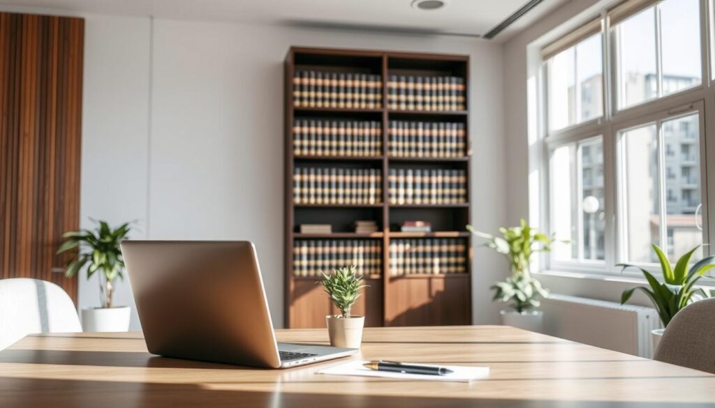 A serene, well-lit office interior with a professional, reassuring atmosphere. In the foreground, a desk with a laptop, pen, and a small potted plant, symbolizing the expertise and care a professional indemnity policy provides. In the middle ground, a bookshelf filled with legal volumes, conveying the depth of knowledge required to navigate complex liability issues. The background features large windows, allowing natural light to flood the space, creating a sense of transparency and openness. The overall scene evokes a calm, trustworthy environment where a business owner can feel secure in their protection. A serene, well-lit office interior with a professional, reassuring atmosphere. In the foreground, a desk with a laptop, pen, and a small potted plant, symbolizing the expertise and care a professional indemnity policy provides. In the middle ground, a bookshelf filled with legal volumes, conveying the depth of knowledge required to navigate complex liability issues. The background features large windows, allowing natural light to flood the space, creating a sense of transparency and openness. The overall scene evokes a calm, trustworthy environment where a business owner can feel secure in their protection.