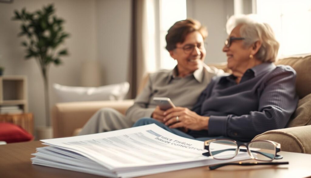A serene, well-lit scene showcases a senior couple sitting comfortably in a cozy living room, their faces radiating contentment. The warm, soft lighting casts a gentle glow, accentuating their features as they engage in a thoughtful discussion. In the foreground, a stack of insurance documents and a pair of reading glasses suggest the topic of their conversation - their Medicare Advantage vision coverage and the pros and cons of standalone vision plans. The background features a large window, allowing natural light to flood the space and providing a sense of openness and tranquility. The overall atmosphere conveys a feeling of security, trust, and informed decision-making. A serene, well-lit scene showcases a senior couple sitting comfortably in a cozy living room, their faces radiating contentment. The warm, soft lighting casts a gentle glow, accentuating their features as they engage in a thoughtful discussion. In the foreground, a stack of insurance documents and a pair of reading glasses suggest the topic of their conversation - their Medicare Advantage vision coverage and the pros and cons of standalone vision plans. The background features a large window, allowing natural light to flood the space and providing a sense of openness and tranquility. The overall atmosphere conveys a feeling of security, trust, and informed decision-making.