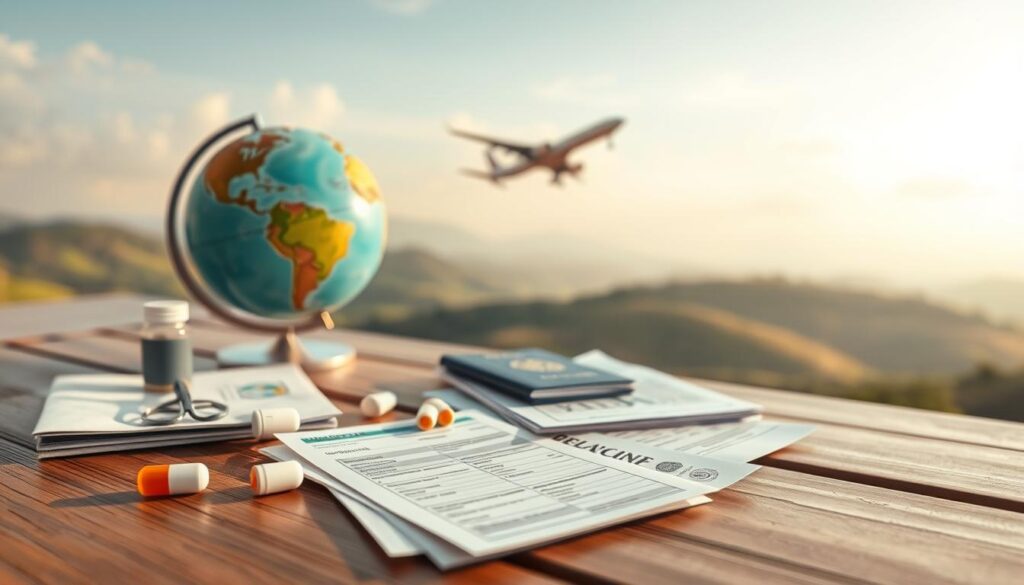 A serene yet informative scene showcasing the importance of pre-existing condition travel insurance. In the foreground, a traveler's medication and medical documentation lie neatly on a wooden table, alongside a passport and travel documents. The middle ground features a globe and an airplane, symbolizing the global reach of this specialized insurance. The background depicts a soft, blurred landscape of rolling hills and a tranquil sky, conveying a sense of peace and security. The lighting is warm and natural, creating a welcoming atmosphere. Captured with a wide-angle lens, this image aims to visually encapsulate the vital considerations for those with pre-existing medical conditions when planning international travel. A serene yet informative scene showcasing the importance of pre-existing condition travel insurance. In the foreground, a traveler's medication and medical documentation lie neatly on a wooden table, alongside a passport and travel documents. The middle ground features a globe and an airplane, symbolizing the global reach of this specialized insurance. The background depicts a soft, blurred landscape of rolling hills and a tranquil sky, conveying a sense of peace and security. The lighting is warm and natural, creating a welcoming atmosphere. Captured with a wide-angle lens, this image aims to visually encapsulate the vital considerations for those with pre-existing medical conditions when planning international travel.
