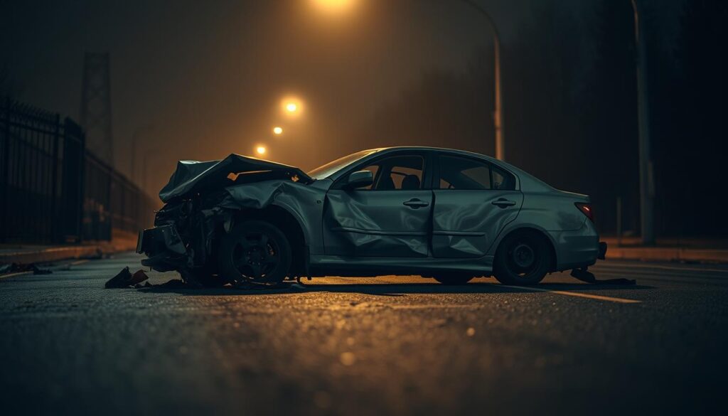 A severely damaged car with crushed panels, shattered glass, and distorted frame lies abandoned on a dimly lit street. Ominous shadows cast by the flickering streetlights create a somber, foreboding atmosphere. The vehicle's crumpled exterior conveys the finality of a "declared total loss," a stark reminder of the unpredictable nature of accidents and the financial implications for policyholders. The scene is captured with a cinematic wide-angle lens, emphasizing the car's isolation and the weight of the situation. Muted, desaturated tones and a gloomy, overcast sky further reinforce the sense of loss and the gravity of the scene. A severely damaged car with crushed panels, shattered glass, and distorted frame lies abandoned on a dimly lit street. Ominous shadows cast by the flickering streetlights create a somber, foreboding atmosphere. The vehicle's crumpled exterior conveys the finality of a "declared total loss," a stark reminder of the unpredictable nature of accidents and the financial implications for policyholders. The scene is captured with a cinematic wide-angle lens, emphasizing the car's isolation and the weight of the situation. Muted, desaturated tones and a gloomy, overcast sky further reinforce the sense of loss and the gravity of the scene.