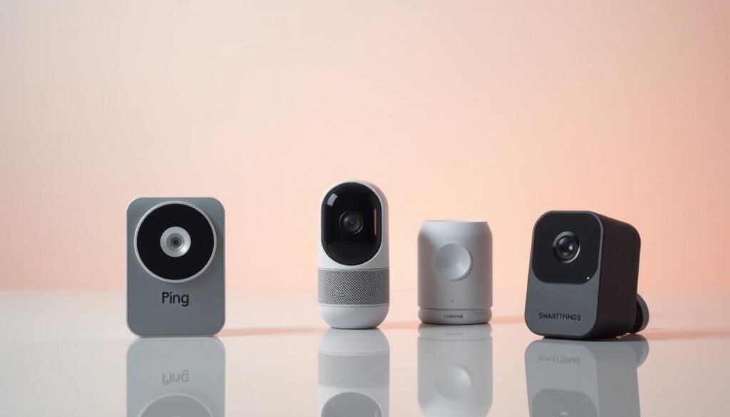 A sleek and contemporary composition showcasing a selection of smart home security cameras from leading brands. In the foreground, a Ring Floodlight Cam and a Google Nest Cam Outdoor are prominently displayed, their modern designs and high-tech features evident. In the middle ground, a Samsung SmartThings cam blends seamlessly with the minimalist aesthetic. Soft, diffused lighting illuminates the scene, creating a sense of sophistication and premium quality. The cameras are arranged on a clean, reflective surface, allowing their forms and finishes to be clearly highlighted. The overall mood is one of technological prowess, seamless integration, and a commitment to home security within a cohesive brand ecosystem. A sleek and contemporary composition showcasing a selection of smart home security cameras from leading brands. In the foreground, a Ring Floodlight Cam and a Google Nest Cam Outdoor are prominently displayed, their modern designs and high-tech features evident. In the middle ground, a Samsung SmartThings cam blends seamlessly with the minimalist aesthetic. Soft, diffused lighting illuminates the scene, creating a sense of sophistication and premium quality. The cameras are arranged on a clean, reflective surface, allowing their forms and finishes to be clearly highlighted. The overall mood is one of technological prowess, seamless integration, and a commitment to home security within a cohesive brand ecosystem.