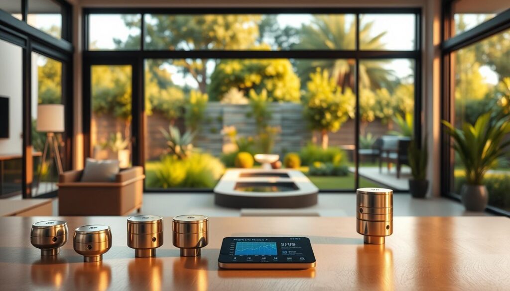A sleek and modern home interior, with large windows overlooking a backyard landscape. In the foreground, an array of water sensors are strategically placed, their metallic casings gleaming under the warm, diffused lighting. The sensors are seamlessly integrated into the home's decor, blending seamlessly with the clean, minimalist aesthetic. In the middle ground, a digital display showcases real-time data from the sensors, providing a clear visualization of the home's water usage and potential risks. The background features a lush, verdant garden, with carefully curated plants and a tranquil water feature, reinforcing the connection between the home's smart technologies and the natural world. A sleek and modern home interior, with large windows overlooking a backyard landscape. In the foreground, an array of water sensors are strategically placed, their metallic casings gleaming under the warm, diffused lighting. The sensors are seamlessly integrated into the home's decor, blending seamlessly with the clean, minimalist aesthetic. In the middle ground, a digital display showcases real-time data from the sensors, providing a clear visualization of the home's water usage and potential risks. The background features a lush, verdant garden, with carefully curated plants and a tranquil water feature, reinforcing the connection between the home's smart technologies and the natural world.