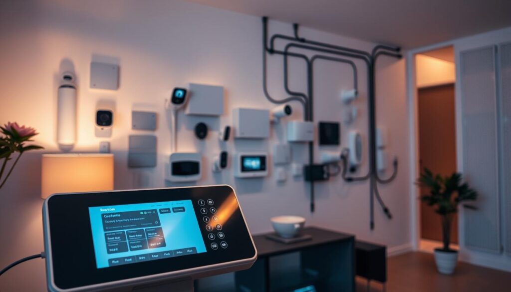 A sleek and modern installation system, showcasing a range of smart home security devices. In the foreground, a high-tech control panel with touch-sensitive buttons and a large LCD display, bathed in a soft, ambient glow. In the middle ground, various sensors and cameras neatly integrated into the home's architecture, blending seamlessly with the minimalist decor. The background features clean, uncluttered lines, with a hint of technical complexity in the wiring and cabling running through the walls. The overall scene conveys a sense of effortless functionality, where advanced security technology seamlessly merges with the home's aesthetic. Lit by a combination of warm and cool lighting, creating a balanced and inviting atmosphere. A sleek and modern installation system, showcasing a range of smart home security devices. In the foreground, a high-tech control panel with touch-sensitive buttons and a large LCD display, bathed in a soft, ambient glow. In the middle ground, various sensors and cameras neatly integrated into the home's architecture, blending seamlessly with the minimalist decor. The background features clean, uncluttered lines, with a hint of technical complexity in the wiring and cabling running through the walls. The overall scene conveys a sense of effortless functionality, where advanced security technology seamlessly merges with the home's aesthetic. Lit by a combination of warm and cool lighting, creating a balanced and inviting atmosphere.