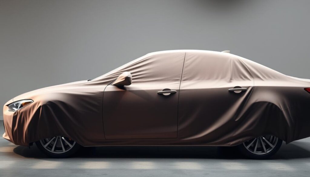 A sleek, high-quality car cover draped gracefully over the contours of a luxurious sedan, illuminated by soft, diffused lighting that casts gentle shadows and highlights the rich fabric texture. The cover's matte finish blends seamlessly with the vehicle's elegant design, conveying a sense of understated sophistication. The scene is captured from a slightly elevated, three-quarter angle, providing a visually compelling perspective that showcases the cover's seamless fit and the vehicle's overall aesthetic appeal. The background is subtly blurred, allowing the car and its protective cover to take center stage, creating a polished and professional-looking image. A sleek, high-quality car cover draped gracefully over the contours of a luxurious sedan, illuminated by soft, diffused lighting that casts gentle shadows and highlights the rich fabric texture. The cover's matte finish blends seamlessly with the vehicle's elegant design, conveying a sense of understated sophistication. The scene is captured from a slightly elevated, three-quarter angle, providing a visually compelling perspective that showcases the cover's seamless fit and the vehicle's overall aesthetic appeal. The background is subtly blurred, allowing the car and its protective cover to take center stage, creating a polished and professional-looking image.