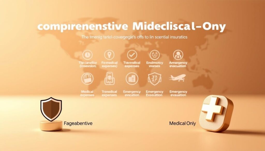 A sleek, minimalist illustration showcasing the key components of comprehensive and travel medical-only insurance plans. In the foreground, two distinctive plan icons, each with a clear visual identifier - a shield for comprehensive coverage and a first aid cross for medical-only. In the middle ground, a series of infographic-style icons representing the essential benefits, such as trip cancellation, medical expenses, and emergency evacuation. The background features a subtle world map, hinting at the global protection these plans provide. Warm, muted tones and clean, geometric shapes convey a sense of security and reliability. Crisp lighting and a shallow depth of field draw the viewer's focus to the key plan details. A sleek, minimalist illustration showcasing the key components of comprehensive and travel medical-only insurance plans. In the foreground, two distinctive plan icons, each with a clear visual identifier - a shield for comprehensive coverage and a first aid cross for medical-only. In the middle ground, a series of infographic-style icons representing the essential benefits, such as trip cancellation, medical expenses, and emergency evacuation. The background features a subtle world map, hinting at the global protection these plans provide. Warm, muted tones and clean, geometric shapes convey a sense of security and reliability. Crisp lighting and a shallow depth of field draw the viewer's focus to the key plan details.