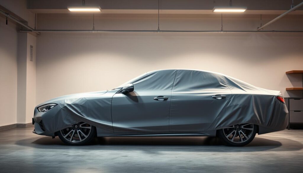 A sleek, modern car cover protecting a high-end luxury sedan parked in a well-lit, contemporary garage setting. The cover is made of durable, weather-resistant material in a neutral tone that complements the car's color. Soft, diffused lighting from overhead fixtures casts a warm glow, highlighting the clean lines and curves of the vehicle. The garage interior features minimalist decor, with smooth concrete floors and simple shelving units. The overall atmosphere conveys a sense of security, protection, and attention to detail for the prized automobile. A sleek, modern car cover protecting a high-end luxury sedan parked in a well-lit, contemporary garage setting. The cover is made of durable, weather-resistant material in a neutral tone that complements the car's color. Soft, diffused lighting from overhead fixtures casts a warm glow, highlighting the clean lines and curves of the vehicle. The garage interior features minimalist decor, with smooth concrete floors and simple shelving units. The overall atmosphere conveys a sense of security, protection, and attention to detail for the prized automobile.
