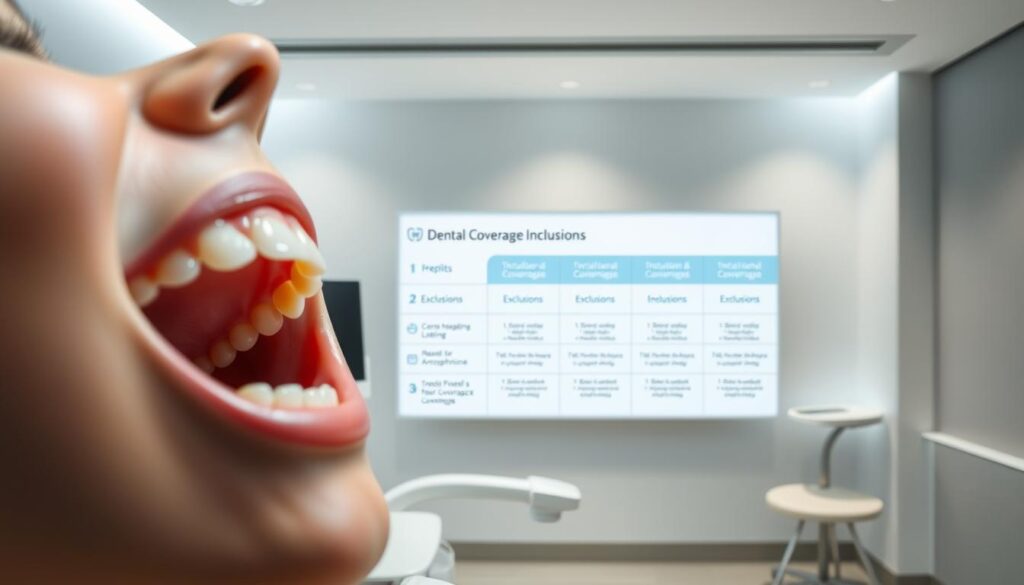 A sleek, modern dental office interior with a focus on the dental coverage concept. In the foreground, a patient's open mouth is prominently displayed, showcasing healthy teeth and gums. The middle ground features a display showing a breakdown of typical dental coverage inclusions and exclusions, rendered in a clean, infographic-style layout. The background depicts a soothing, minimalist environment with soft, indirect lighting and muted tones that convey a sense of professionalism and trust. The overall composition emphasizes the importance of comprehensive dental coverage and its impact on oral health. A sleek, modern dental office interior with a focus on the dental coverage concept. In the foreground, a patient's open mouth is prominently displayed, showcasing healthy teeth and gums. The middle ground features a display showing a breakdown of typical dental coverage inclusions and exclusions, rendered in a clean, infographic-style layout. The background depicts a soothing, minimalist environment with soft, indirect lighting and muted tones that convey a sense of professionalism and trust. The overall composition emphasizes the importance of comprehensive dental coverage and its impact on oral health.