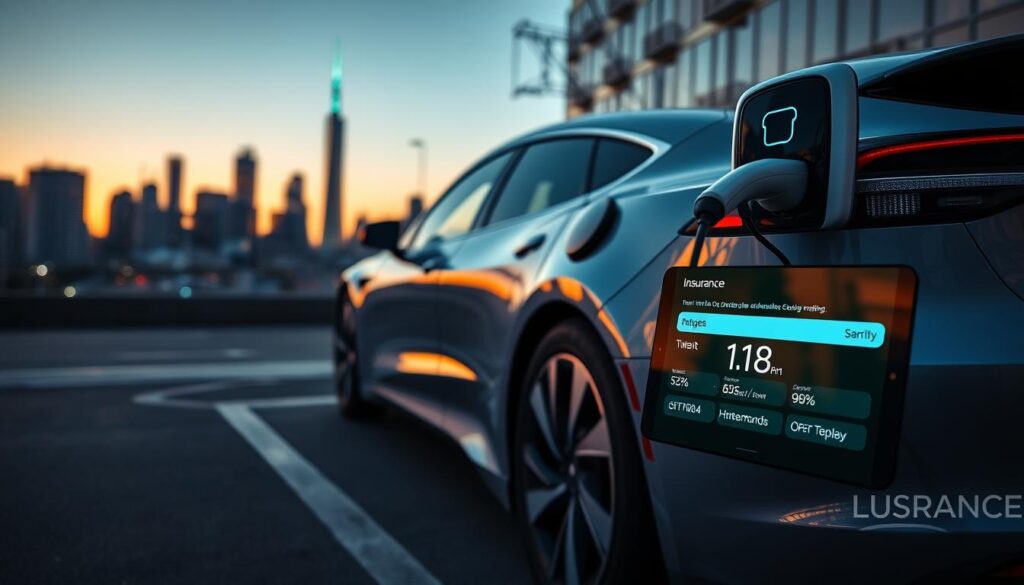 A sleek, modern electric car parked in a city street, with a focus on its charging port and the surrounding infrastructure. In the background, a city skyline at dusk, bathed in a warm, golden light, reflecting the car's glossy exterior. In the foreground, a digital display showcases the vehicle's insurance details, emphasizing the importance of coverage for this new generation of eco-friendly automobiles. The overall scene conveys a sense of innovation, efficiency, and the evolving landscape of the automotive industry. A sleek, modern electric car parked in a city street, with a focus on its charging port and the surrounding infrastructure. In the background, a city skyline at dusk, bathed in a warm, golden light, reflecting the car's glossy exterior. In the foreground, a digital display showcases the vehicle's insurance details, emphasizing the importance of coverage for this new generation of eco-friendly automobiles. The overall scene conveys a sense of innovation, efficiency, and the evolving landscape of the automotive industry.