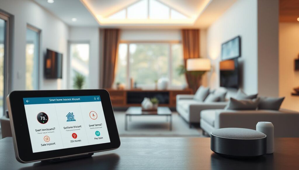 A sleek, modern interior with a focus on home automation and security features. In the foreground, a digital display showcases various smart home insurance discount options, with icons and text highlighting the potential savings. The middle ground features smart home devices such as a thermostat, security camera, and voice assistant, all integrated and seamlessly connected. The background depicts a warm, well-lit living room with large windows, creating a cozy and inviting atmosphere. The lighting is soft and natural, complementing the contemporary design. The overall scene conveys the convenience and cost-effectiveness of a smart home ecosystem that qualifies for significant insurance discounts. A sleek, modern interior with a focus on home automation and security features. In the foreground, a digital display showcases various smart home insurance discount options, with icons and text highlighting the potential savings. The middle ground features smart home devices such as a thermostat, security camera, and voice assistant, all integrated and seamlessly connected. The background depicts a warm, well-lit living room with large windows, creating a cozy and inviting atmosphere. The lighting is soft and natural, complementing the contemporary design. The overall scene conveys the convenience and cost-effectiveness of a smart home ecosystem that qualifies for significant insurance discounts.