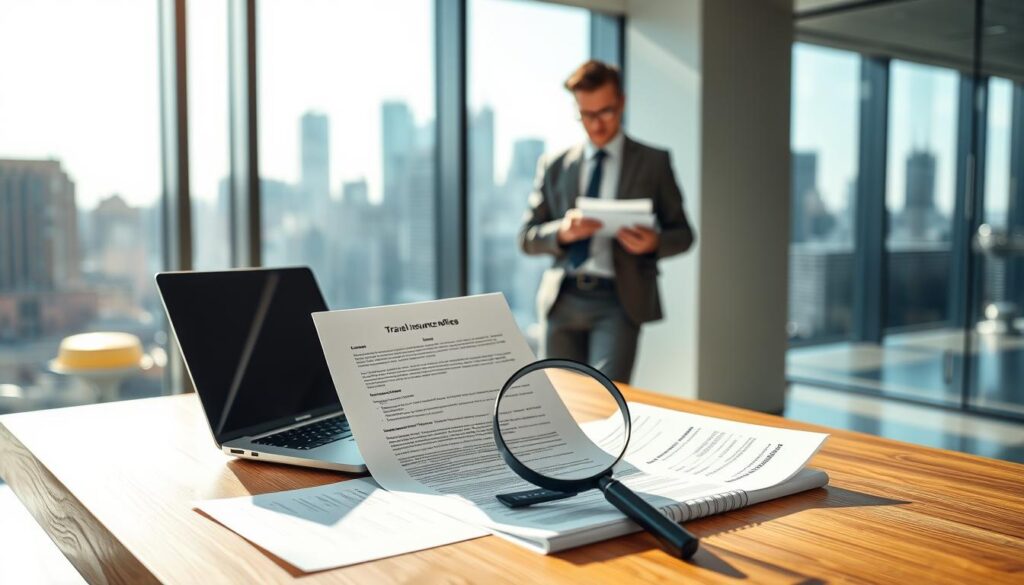 A sleek, modern office interior with a large window overlooking a bustling city skyline. In the foreground, a wooden desk with a laptop, some travel documents, and a magnifying glass examining a travel insurance policy. In the middle ground, a young professional, dressed in business attire, standing and discussing the policy details with a colleague. The lighting is bright and airy, creating a sense of professionalism and attention to detail. The mood is one of careful consideration and planning, reflecting the importance of comprehensive travel insurance coverage for the upcoming study abroad journey. A sleek, modern office interior with a large window overlooking a bustling city skyline. In the foreground, a wooden desk with a laptop, some travel documents, and a magnifying glass examining a travel insurance policy. In the middle ground, a young professional, dressed in business attire, standing and discussing the policy details with a colleague. The lighting is bright and airy, creating a sense of professionalism and attention to detail. The mood is one of careful consideration and planning, reflecting the importance of comprehensive travel insurance coverage for the upcoming study abroad journey.