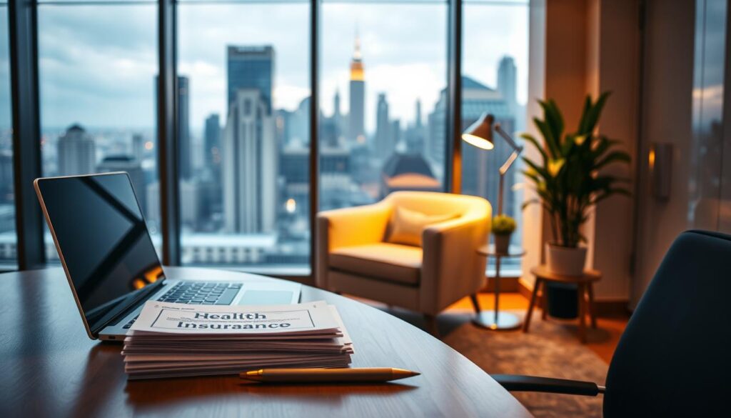 A sleek, modern office interior with a large window overlooking a cityscape. In the foreground, a wooden desk with a laptop, pen, and a stack of documents titled "Health Insurance". The middle ground features a comfortable armchair and a side table with a potted plant. Warm, soft lighting illuminates the scene, creating a professional yet inviting atmosphere. The background showcases the bustling city skyline, hinting at the importance of secure health coverage for students navigating the complexities of travel and study abroad. A sleek, modern office interior with a large window overlooking a cityscape. In the foreground, a wooden desk with a laptop, pen, and a stack of documents titled "Health Insurance". The middle ground features a comfortable armchair and a side table with a potted plant. Warm, soft lighting illuminates the scene, creating a professional yet inviting atmosphere. The background showcases the bustling city skyline, hinting at the importance of secure health coverage for students navigating the complexities of travel and study abroad.