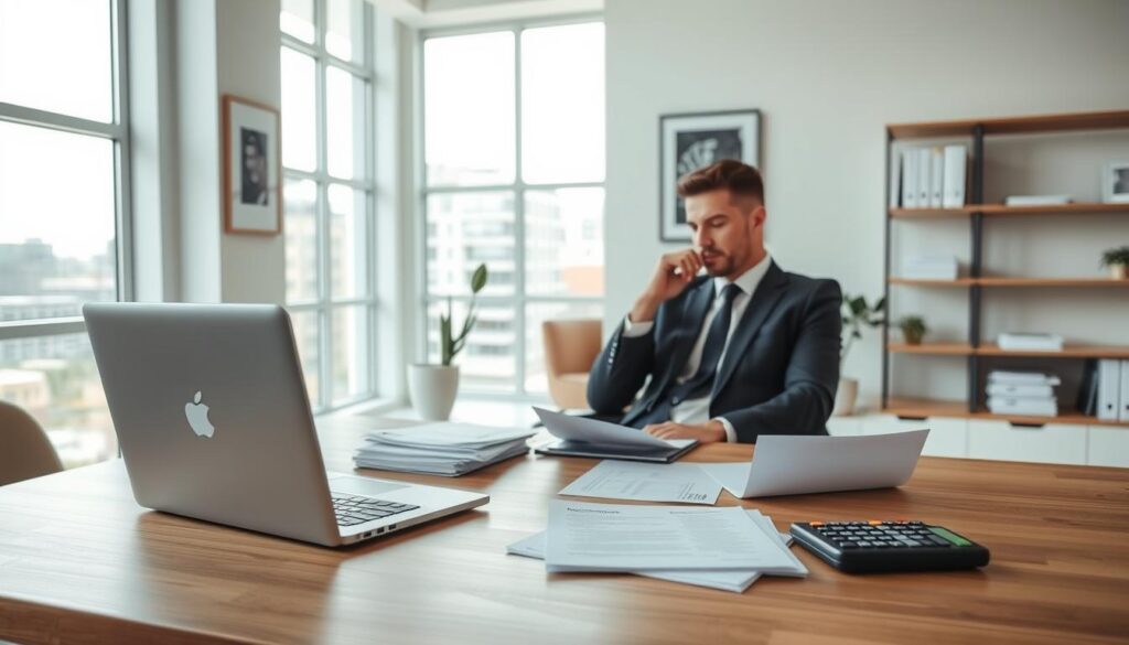 A sleek, modern office interior with an abundance of natural light flooding through large windows. In the foreground, a wooden desk features a laptop, a stack of documents, and a calculator, all neatly arranged. Behind the desk, a well-dressed professional sits in a comfortable chair, deep in thought as they review insurance policies. The walls are adorned with minimalist artwork and shelves displaying various financial documents. The overall atmosphere is one of efficiency, professionalism, and attention to detail, perfectly capturing the essence of term life insurance and its associated decision-making process. A sleek, modern office interior with an abundance of natural light flooding through large windows. In the foreground, a wooden desk features a laptop, a stack of documents, and a calculator, all neatly arranged. Behind the desk, a well-dressed professional sits in a comfortable chair, deep in thought as they review insurance policies. The walls are adorned with minimalist artwork and shelves displaying various financial documents. The overall atmosphere is one of efficiency, professionalism, and attention to detail, perfectly capturing the essence of term life insurance and its associated decision-making process.