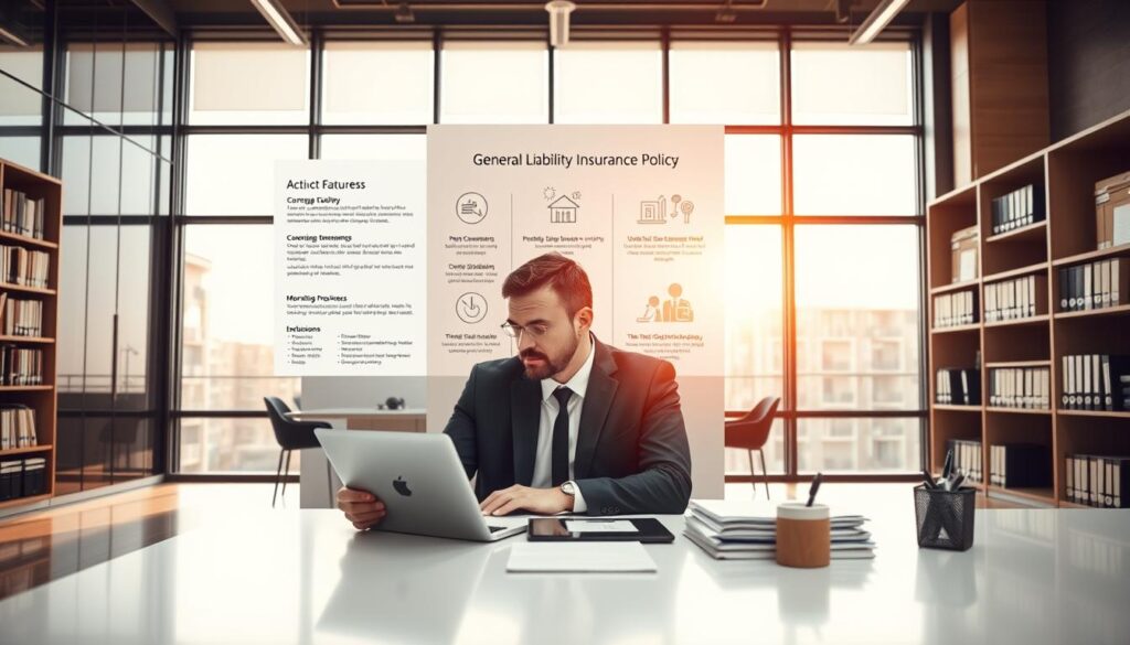 A sleek, modern office interior with large windows bathing the room in warm, natural light. In the foreground, a businessman sits at a desk, deep in thought, with a tablet and laptop in front of him. On the desk, a stack of documents and a pen holder, hinting at the administrative tasks he oversees. The middle ground showcases a wall display with infographics and icons representing the key features of a general liability insurance policy - coverage, limits, exclusions, and more. In the background, bookcases and shelves filled with business-related books and folders, conveying a sense of professionalism and expertise. The overall atmosphere is one of diligence, responsibility, and the importance of protecting a small business from potential risks. A sleek, modern office interior with large windows bathing the room in warm, natural light. In the foreground, a businessman sits at a desk, deep in thought, with a tablet and laptop in front of him. On the desk, a stack of documents and a pen holder, hinting at the administrative tasks he oversees. The middle ground showcases a wall display with infographics and icons representing the key features of a general liability insurance policy - coverage, limits, exclusions, and more. In the background, bookcases and shelves filled with business-related books and folders, conveying a sense of professionalism and expertise. The overall atmosphere is one of diligence, responsibility, and the importance of protecting a small business from potential risks.