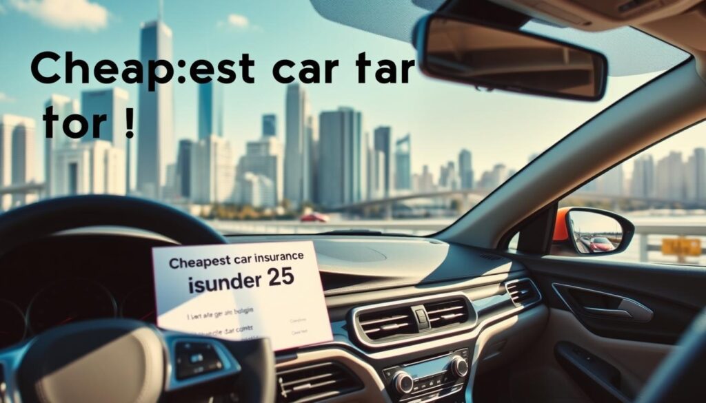 A sleek, modern sedan against a backdrop of a city skyline, with a focus on the car's dashboard and interior. The image conveys a sense of affordability and practicality for young drivers, with a clean, minimalist design that highlights the car's features. Bright, natural lighting illuminates the scene, creating a vibrant, energetic atmosphere. The car's dashboard displays a prominently featured insurance quote, emphasizing the central theme of "cheapest car insurance for under 25." A sleek, modern sedan against a backdrop of a city skyline, with a focus on the car's dashboard and interior. The image conveys a sense of affordability and practicality for young drivers, with a clean, minimalist design that highlights the car's features. Bright, natural lighting illuminates the scene, creating a vibrant, energetic atmosphere. The car's dashboard displays a prominently featured insurance quote, emphasizing the central theme of "cheapest car insurance for under 25."