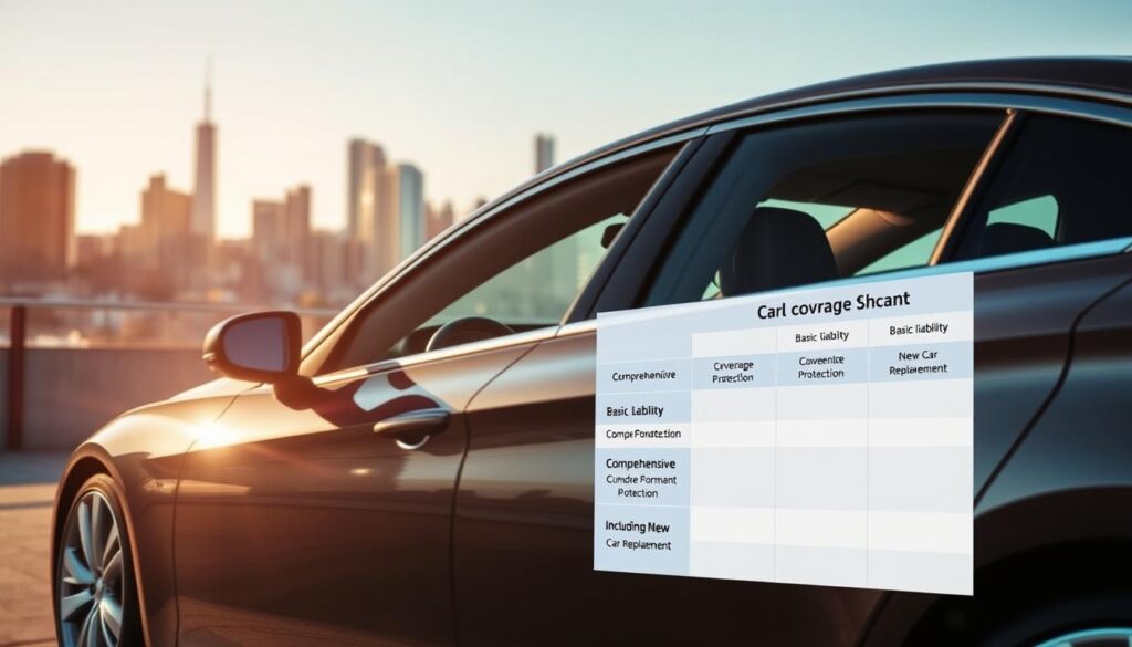A sleek, modern sedan in the foreground, its lustrous paintwork gleaming under the soft, warm lighting. The car's interior is visible through the windows, showcasing premium leather seats and a state-of-the-art dashboard. In the middle ground, a comprehensive chart outlines the various coverage options, from basic liability to comprehensive protection, including new car replacement. The background features a city skyline, with towering skyscrapers and a clear blue sky, conveying a sense of security and reliability. The overall scene exudes a feeling of confidence and sophistication, perfectly capturing the essence of "full coverage car insurance." A sleek, modern sedan in the foreground, its lustrous paintwork gleaming under the soft, warm lighting. The car's interior is visible through the windows, showcasing premium leather seats and a state-of-the-art dashboard. In the middle ground, a comprehensive chart outlines the various coverage options, from basic liability to comprehensive protection, including new car replacement. The background features a city skyline, with towering skyscrapers and a clear blue sky, conveying a sense of security and reliability. The overall scene exudes a feeling of confidence and sophistication, perfectly capturing the essence of "full coverage car insurance."