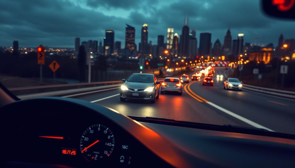 A sleek, modern sedan navigates a winding road, its headlights piercing the darkness. In the foreground, a fuel gauge and speedometer take center stage, their needles hinting at the driving factors that influence insurance premiums. The middle ground features a mix of traffic signals, road signs, and other cars, representing the complex web of regulations and variables that shape insurance rates. In the background, a cityscape stretches out, with towering skyscrapers and streetlights casting a warm, amber glow, reflecting the importance of location in determining car insurance costs. The scene is captured with a cinematic, wide-angle lens, creating a sense of depth and emphasizing the interconnectedness of the various elements that drive insurance rates. A sleek, modern sedan navigates a winding road, its headlights piercing the darkness. In the foreground, a fuel gauge and speedometer take center stage, their needles hinting at the driving factors that influence insurance premiums. The middle ground features a mix of traffic signals, road signs, and other cars, representing the complex web of regulations and variables that shape insurance rates. In the background, a cityscape stretches out, with towering skyscrapers and streetlights casting a warm, amber glow, reflecting the importance of location in determining car insurance costs. The scene is captured with a cinematic, wide-angle lens, creating a sense of depth and emphasizing the interconnectedness of the various elements that drive insurance rates.