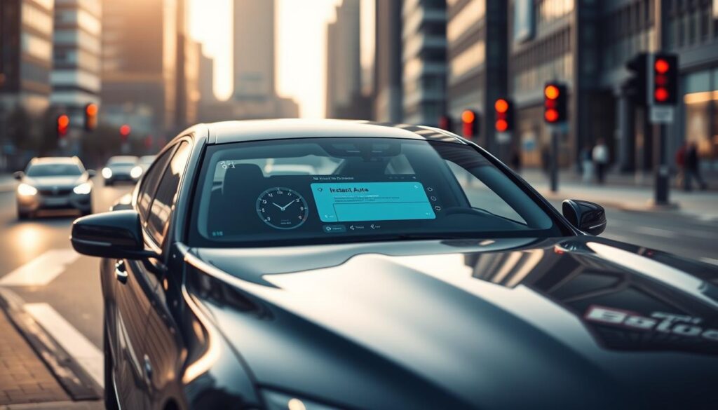 A sleek, modern sedan on a city street, with a prominently displayed "Instant Auto Insurance Quote" dashboard interface projected onto the windshield. The car is bathed in soft, warm lighting, creating a sense of sophistication and convenience. The background features a blurred urban landscape, with skyscrapers and traffic signals in the distance, emphasizing the digital, on-the-go nature of the insurance service. The composition draws the viewer's attention to the car and the quote interface, effectively conveying the concept of "Instant Comprehensive Auto Insurance Online Quotes in the UK". A sleek, modern sedan on a city street, with a prominently displayed "Instant Auto Insurance Quote" dashboard interface projected onto the windshield. The car is bathed in soft, warm lighting, creating a sense of sophistication and convenience. The background features a blurred urban landscape, with skyscrapers and traffic signals in the distance, emphasizing the digital, on-the-go nature of the insurance service. The composition draws the viewer's attention to the car and the quote interface, effectively conveying the concept of "Instant Comprehensive Auto Insurance Online Quotes in the UK".
