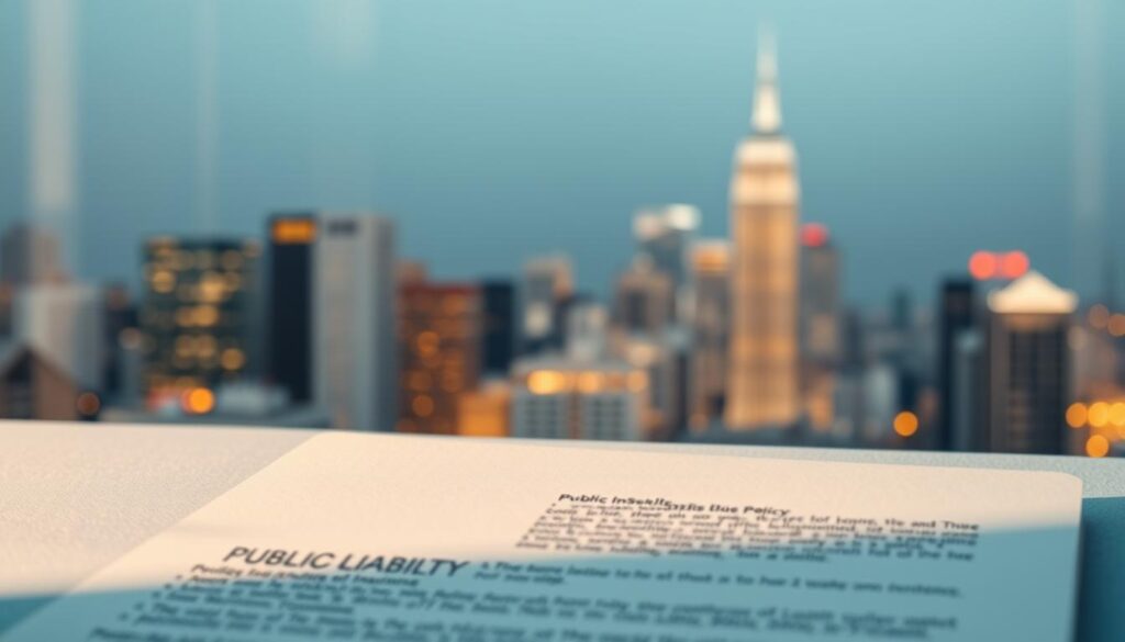 A sleek, professional-looking image of public liability insurance. In the foreground, a clean, minimalist design showcases the key elements of a public liability policy, such as coverage details, exclusions, and limits. In the middle ground, a backdrop of an urban skyline represents the real-world business environment where liability risks exist. The lighting is soft and warm, creating a sense of trust and security. The overall composition is balanced, with a subtle depth of field that draws the viewer's attention to the policy details. The angle is slightly elevated, giving the image an authoritative, comprehensive feel. The mood is one of reassurance and protection, reflecting the purpose of public liability insurance. A sleek, professional-looking image of public liability insurance. In the foreground, a clean, minimalist design showcases the key elements of a public liability policy, such as coverage details, exclusions, and limits. In the middle ground, a backdrop of an urban skyline represents the real-world business environment where liability risks exist. The lighting is soft and warm, creating a sense of trust and security. The overall composition is balanced, with a subtle depth of field that draws the viewer's attention to the policy details. The angle is slightly elevated, giving the image an authoritative, comprehensive feel. The mood is one of reassurance and protection, reflecting the purpose of public liability insurance.