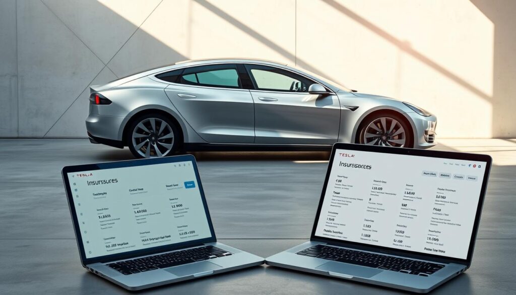 A sleek, silver Tesla model S sedan parked in a modern, minimalist setting. The car is bathed in soft, natural lighting, casting long shadows on the smooth, polished concrete floor. In the foreground, a laptop computer is open, displaying various insurance quotes and coverage options. The background features a simple, geometric-inspired design with clean lines and subtle textures, creating a sense of sophistication and attention to detail. The overall mood is one of efficiency, technology, and thoughtful decision-making, reflecting the process of finding the best auto insurance for Tesla drivers. A sleek, silver Tesla model S sedan parked in a modern, minimalist setting. The car is bathed in soft, natural lighting, casting long shadows on the smooth, polished concrete floor. In the foreground, a laptop computer is open, displaying various insurance quotes and coverage options. The background features a simple, geometric-inspired design with clean lines and subtle textures, creating a sense of sophistication and attention to detail. The overall mood is one of efficiency, technology, and thoughtful decision-making, reflecting the process of finding the best auto insurance for Tesla drivers.