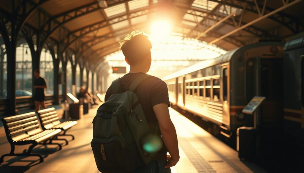 A solo traveler embarking on a journey, backpack slung over their shoulder, standing in a sunlit train station. The ambient light casts a warm, inviting glow, highlighting the traveler's anticipation and sense of adventure. The platform is dotted with benches, luggage, and the occasional newspaper stand, creating a sense of movement and activity. In the background, a vintage train waits patiently, its sleek silhouette and muted colors hinting at the destinations to come. The overall atmosphere evokes the thrill of a single, unencumbered trip, capturing the spirit of independent student travel. A solo traveler embarking on a journey, backpack slung over their shoulder, standing in a sunlit train station. The ambient light casts a warm, inviting glow, highlighting the traveler's anticipation and sense of adventure. The platform is dotted with benches, luggage, and the occasional newspaper stand, creating a sense of movement and activity. In the background, a vintage train waits patiently, its sleek silhouette and muted colors hinting at the destinations to come. The overall atmosphere evokes the thrill of a single, unencumbered trip, capturing the spirit of independent student travel.