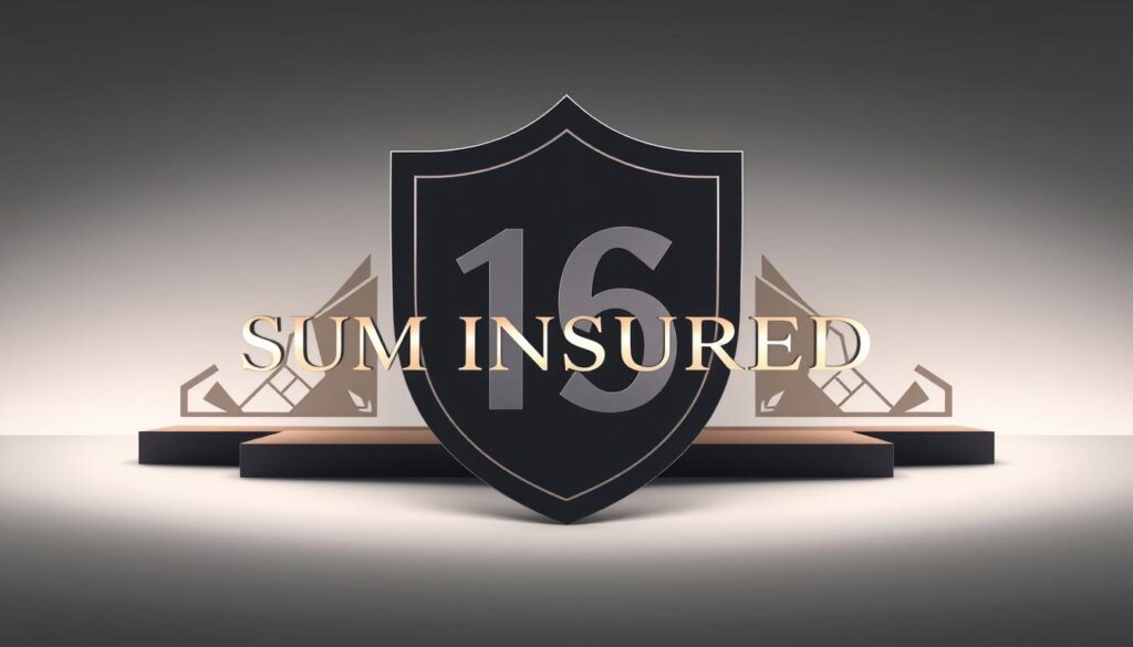 A sophisticated and elegant illustration of a "sum insured" concept. A sleek, modern design with a clean, minimalist aesthetic. The central focus is a large, bold numeric figure representing the sum insured, rendered in a clear, legible typeface with a subtle metallic sheen. Surrounding the numeric value are geometric shapes and patterns that convey a sense of security, protection, and financial stability - perhaps a shield or architectural elements. The background is a muted, gradient palette, allowing the core "sum insured" element to stand out prominently. Balanced lighting creates depth and dimension, with a soft, ambient glow illuminating the composition. The overall mood is one of confidence, reliability, and thoughtful financial planning. A sophisticated and elegant illustration of a "sum insured" concept. A sleek, modern design with a clean, minimalist aesthetic. The central focus is a large, bold numeric figure representing the sum insured, rendered in a clear, legible typeface with a subtle metallic sheen. Surrounding the numeric value are geometric shapes and patterns that convey a sense of security, protection, and financial stability - perhaps a shield or architectural elements. The background is a muted, gradient palette, allowing the core "sum insured" element to stand out prominently. Balanced lighting creates depth and dimension, with a soft, ambient glow illuminating the composition. The overall mood is one of confidence, reliability, and thoughtful financial planning.