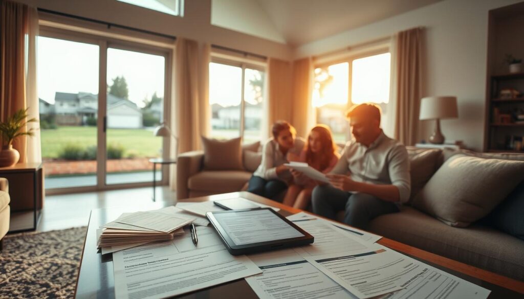 A spacious living room with a large window overlooking a peaceful suburban neighborhood. In the foreground, a family gathers around a coffee table, studying documents and discussing their earthquake insurance policy. Warm, diffused light from the window casts a soft, contemplative glow. On the table, various documents and a tablet display information about coverage, deductibles, and exclusions. The mood is one of thoughtful consideration, as the family carefully examines the details of their policy to ensure they are fully protected in the event of a seismic event. The room is tastefully decorated, with modern furniture and accents, creating a sense of comfort and security. A spacious living room with a large window overlooking a peaceful suburban neighborhood. In the foreground, a family gathers around a coffee table, studying documents and discussing their earthquake insurance policy. Warm, diffused light from the window casts a soft, contemplative glow. On the table, various documents and a tablet display information about coverage, deductibles, and exclusions. The mood is one of thoughtful consideration, as the family carefully examines the details of their policy to ensure they are fully protected in the event of a seismic event. The room is tastefully decorated, with modern furniture and accents, creating a sense of comfort and security.