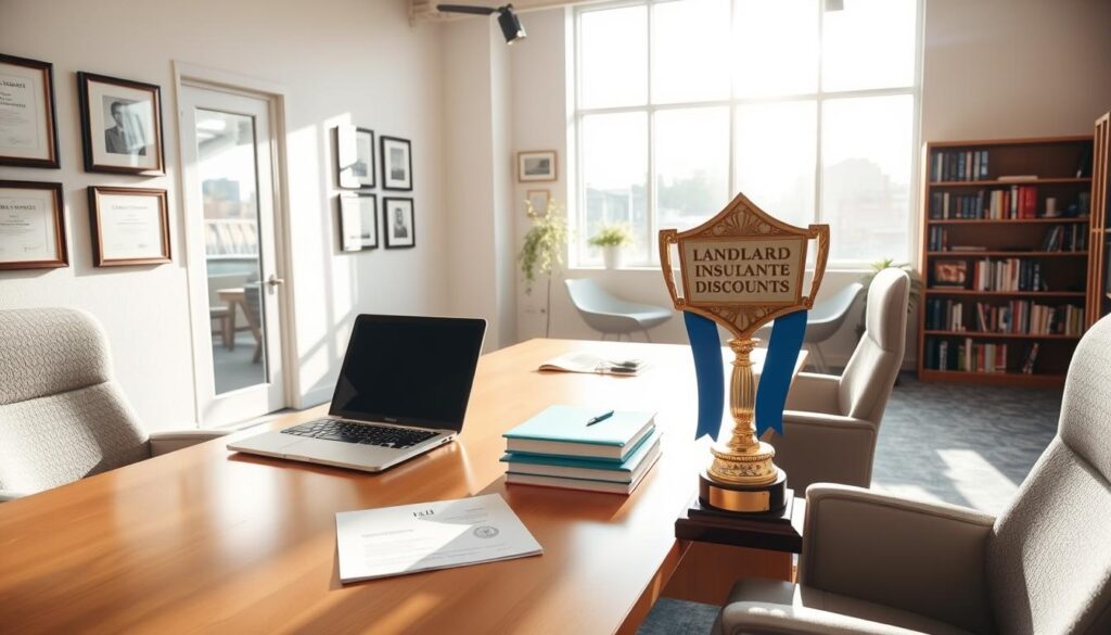 A spacious, modern office interior with a large desk and comfortable chairs. On the desk, a laptop, a stack of documents, and a trophy representing "Landlord Insurance Discounts". Sunlight streams in through large windows, illuminating the scene. The walls are decorated with framed certificates and awards, hinting at the expertise and achievements of the landlord. A bookshelf in the corner holds relevant legal and financial publications. The overall atmosphere conveys a sense of professionalism, success, and a commitment to finding cost-effective solutions for rental property insurance. A spacious, modern office interior with a large desk and comfortable chairs. On the desk, a laptop, a stack of documents, and a trophy representing "Landlord Insurance Discounts". Sunlight streams in through large windows, illuminating the scene. The walls are decorated with framed certificates and awards, hinting at the expertise and achievements of the landlord. A bookshelf in the corner holds relevant legal and financial publications. The overall atmosphere conveys a sense of professionalism, success, and a commitment to finding cost-effective solutions for rental property insurance.