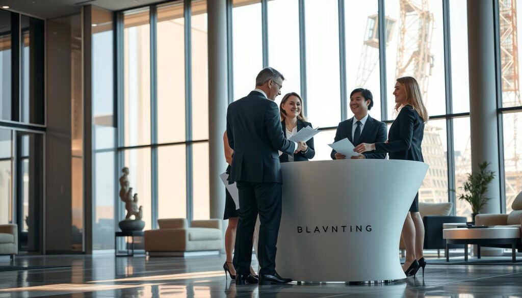 A spacious, modern office interior with floor-to-ceiling windows that flood the space with warm, natural light. In the foreground, a team of professionals, dressed in elegant business attire, engaged in a collaborative meeting, discussing claims-related documents and reports. Their expressions convey a sense of professionalism and attention to detail. In the middle ground, a sleek, minimalist reception desk with a discreet logo, hinting at the high-end, specialized services offered. The background features plush, contemporary furnishings and décor, creating an atmosphere of sophistication and exclusivity, befitting a high-net-worth clientele. A spacious, modern office interior with floor-to-ceiling windows that flood the space with warm, natural light. In the foreground, a team of professionals, dressed in elegant business attire, engaged in a collaborative meeting, discussing claims-related documents and reports. Their expressions convey a sense of professionalism and attention to detail. In the middle ground, a sleek, minimalist reception desk with a discreet logo, hinting at the high-end, specialized services offered. The background features plush, contemporary furnishings and décor, creating an atmosphere of sophistication and exclusivity, befitting a high-net-worth clientele.