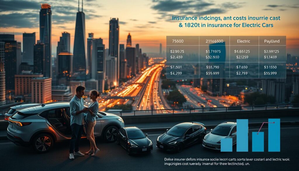 A sprawling cityscape at dusk, with towering skyscrapers and bustling traffic. In the foreground, a family stands beside their electric vehicle, reviewing a stack of documents and discussing insurance costs. Warm lighting bathes the scene, highlighting the contrast between the sleek, modern EV and the surrounding urban landscape. The middle ground features a range of vehicles, from traditional gas-powered models to various electric and hybrid options, each with their own pricing information displayed. In the background, a data visualization chart compares the insurance premiums for electric cars, showcasing the nuanced factors that contribute to the higher costs. The overall mood is one of contemplation, as the viewer is drawn into the financial considerations surrounding the transition to sustainable transportation. A sprawling cityscape at dusk, with towering skyscrapers and bustling traffic. In the foreground, a family stands beside their electric vehicle, reviewing a stack of documents and discussing insurance costs. Warm lighting bathes the scene, highlighting the contrast between the sleek, modern EV and the surrounding urban landscape. The middle ground features a range of vehicles, from traditional gas-powered models to various electric and hybrid options, each with their own pricing information displayed. In the background, a data visualization chart compares the insurance premiums for electric cars, showcasing the nuanced factors that contribute to the higher costs. The overall mood is one of contemplation, as the viewer is drawn into the financial considerations surrounding the transition to sustainable transportation.