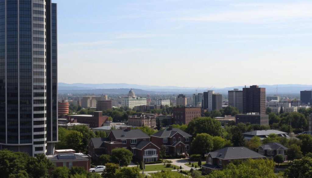 A sprawling cityscape, with a focus on a variety of commercial and residential buildings nestled amongst lush greenery. In the foreground, a modern high-rise office complex stands tall, its glass facade reflecting the soft, warm light of the setting sun. Surrounding it, a mix of traditional brick structures and contemporary architectural designs, each with its own unique character. In the middle ground, a cluster of well-maintained, two-story homes with manicured lawns and shrubbery, representing the residential areas. In the background, a hazy silhouette of distant hills and a clear, blue sky, creating a sense of depth and tranquility. The overall scene conveys a sense of security, stability, and the importance of protecting one's most valuable assets - the buildings that make up a thriving urban landscape. A sprawling cityscape, with a focus on a variety of commercial and residential buildings nestled amongst lush greenery. In the foreground, a modern high-rise office complex stands tall, its glass facade reflecting the soft, warm light of the setting sun. Surrounding it, a mix of traditional brick structures and contemporary architectural designs, each with its own unique character. In the middle ground, a cluster of well-maintained, two-story homes with manicured lawns and shrubbery, representing the residential areas. In the background, a hazy silhouette of distant hills and a clear, blue sky, creating a sense of depth and tranquility. The overall scene conveys a sense of security, stability, and the importance of protecting one's most valuable assets - the buildings that make up a thriving urban landscape.