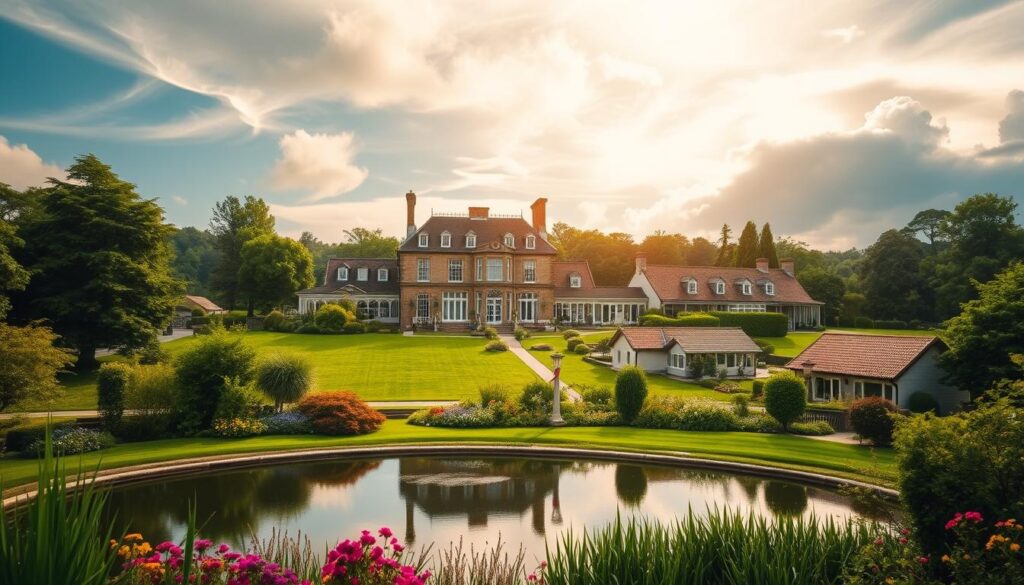 A sprawling estate nestled amidst lush greenery, featuring a stately manor house accompanied by multiple guest cottages and outbuildings. The main residence stands tall, its elegant architecture and large windows bathed in warm, golden sunlight filtering through wispy clouds. In the foreground, a well-manicured garden adorned with vibrant flowers and a tranquil pond reflects the surrounding landscape. In the middle ground, the additional properties blend seamlessly with the natural environment, their charming designs and tiled roofs conveying a sense of timeless sophistication. The overall scene exudes an air of refined luxury and a lifestyle of comfort and convenience. A sprawling estate nestled amidst lush greenery, featuring a stately manor house accompanied by multiple guest cottages and outbuildings. The main residence stands tall, its elegant architecture and large windows bathed in warm, golden sunlight filtering through wispy clouds. In the foreground, a well-manicured garden adorned with vibrant flowers and a tranquil pond reflects the surrounding landscape. In the middle ground, the additional properties blend seamlessly with the natural environment, their charming designs and tiled roofs conveying a sense of timeless sophistication. The overall scene exudes an air of refined luxury and a lifestyle of comfort and convenience.