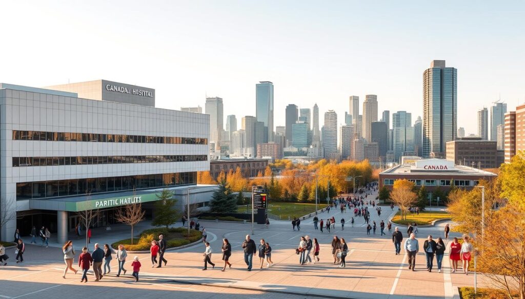 A sprawling healthcare system with diverse coverage options, a panoramic view of Canada's public health insurance program and its interplay with private plans. In the foreground, a modern hospital building with a minimalist facade, bathed in warm afternoon sunlight. In the middle ground, people of all ages move purposefully, representing the diverse population accessing the public system. The background features a cityscape with towering skyscrapers, symbolizing the economic and social fabric that supports the nation's comprehensive approach to healthcare. The scene conveys a sense of accessibility, efficiency, and the synergy between public and private healthcare solutions. A sprawling healthcare system with diverse coverage options, a panoramic view of Canada's public health insurance program and its interplay with private plans. In the foreground, a modern hospital building with a minimalist facade, bathed in warm afternoon sunlight. In the middle ground, people of all ages move purposefully, representing the diverse population accessing the public system. The background features a cityscape with towering skyscrapers, symbolizing the economic and social fabric that supports the nation's comprehensive approach to healthcare. The scene conveys a sense of accessibility, efficiency, and the synergy between public and private healthcare solutions.