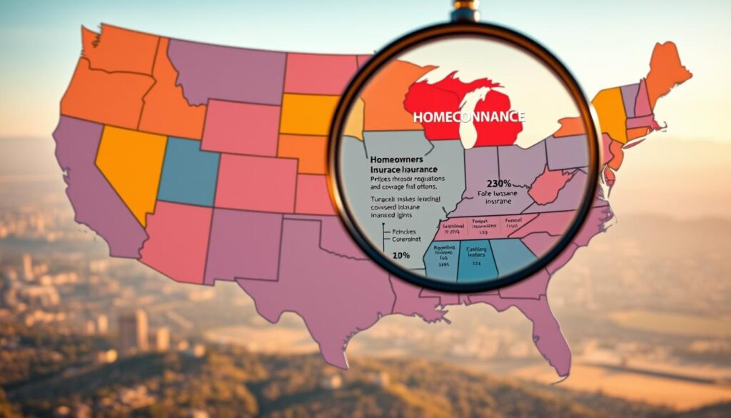 A sprawling map of the United States, its states and territories delineated in vibrant colors, stretching across a vast, photorealistic landscape. In the foreground, a magnifying glass hovers, casting a focused beam on individual states, revealing detailed information about homeowners insurance policies, regulations, and coverage options specific to each region. The middle ground features silhouetted state outlines, with statistical data and infographics overlaying the states, providing a comprehensive overview of the diverse insurance landscape. In the background, a softly blurred cityscape or scenic vista serves as a contextual backdrop, evoking the idea of protecting personal properties across the nation. Lighting is natural and warm, with a sense of depth and clarity, inviting the viewer to explore the intricacies of state-by-state homeowners insurance considerations. A sprawling map of the United States, its states and territories delineated in vibrant colors, stretching across a vast, photorealistic landscape. In the foreground, a magnifying glass hovers, casting a focused beam on individual states, revealing detailed information about homeowners insurance policies, regulations, and coverage options specific to each region. The middle ground features silhouetted state outlines, with statistical data and infographics overlaying the states, providing a comprehensive overview of the diverse insurance landscape. In the background, a softly blurred cityscape or scenic vista serves as a contextual backdrop, evoking the idea of protecting personal properties across the nation. Lighting is natural and warm, with a sense of depth and clarity, inviting the viewer to explore the intricacies of state-by-state homeowners insurance considerations.