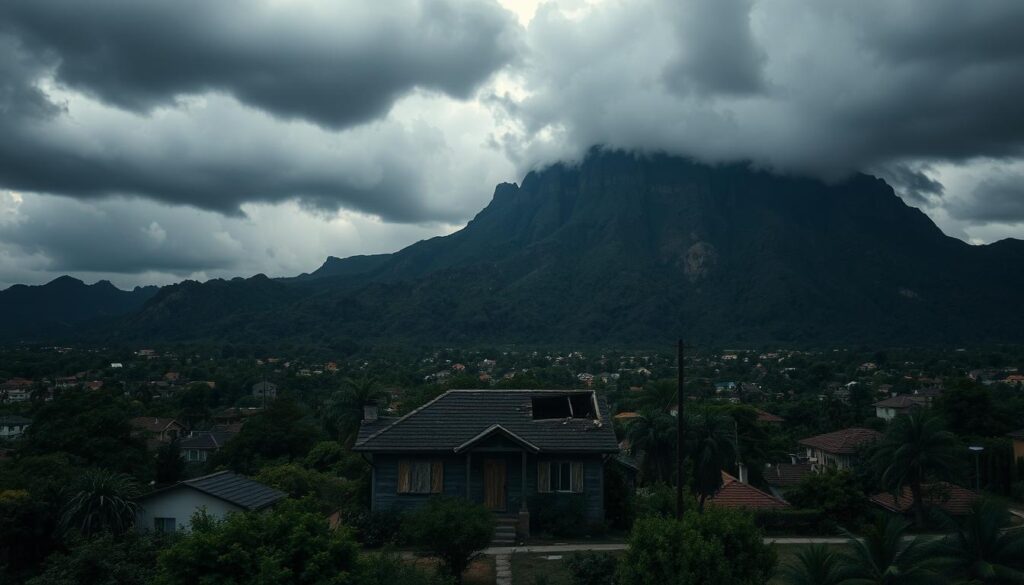 A sprawling residential neighborhood nestled against a rugged, foreboding mountain range. The sky is heavy with ominous storm clouds, casting a somber, menacing hue over the scene. In the foreground, a single house stands in sharp relief, its roof partially damaged and windows boarded up, hinting at past calamities. The surrounding landscape is dotted with lush, ominous vegetation, suggesting the constant threat of natural disasters. Dramatic, low-angle lighting casts long shadows, emphasizing the sense of vulnerability and risk. The overall atmosphere conveys a palpable sense of unease and the fragility of human habitation in the face of unpredictable natural forces. A sprawling residential neighborhood nestled against a rugged, foreboding mountain range. The sky is heavy with ominous storm clouds, casting a somber, menacing hue over the scene. In the foreground, a single house stands in sharp relief, its roof partially damaged and windows boarded up, hinting at past calamities. The surrounding landscape is dotted with lush, ominous vegetation, suggesting the constant threat of natural disasters. Dramatic, low-angle lighting casts long shadows, emphasizing the sense of vulnerability and risk. The overall atmosphere conveys a palpable sense of unease and the fragility of human habitation in the face of unpredictable natural forces.