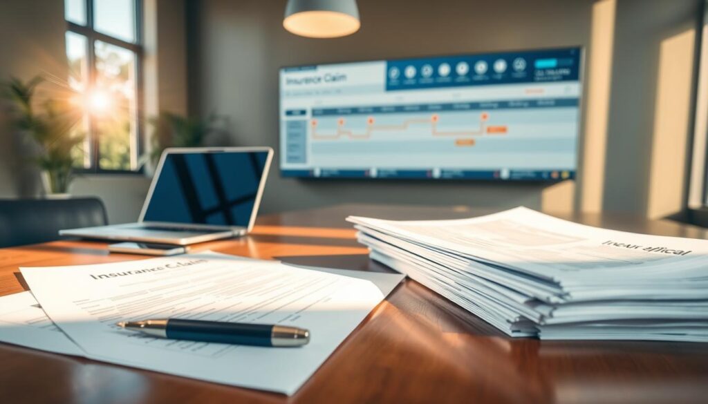 A stack of insurance claim forms and documents sit on a polished wood desk, illuminated by warm, natural light streaming through large windows. In the foreground, a pen lies poised, ready to fill out the details. In the middle ground, a laptop and phone suggest the process of filing and managing the claim. In the background, a wall-mounted display shows a timeline of the claim's progress, with icons and status updates. The scene conveys a sense of organization, efficiency, and the diligence required to navigate the claim process successfully. A stack of insurance claim forms and documents sit on a polished wood desk, illuminated by warm, natural light streaming through large windows. In the foreground, a pen lies poised, ready to fill out the details. In the middle ground, a laptop and phone suggest the process of filing and managing the claim. In the background, a wall-mounted display shows a timeline of the claim's progress, with icons and status updates. The scene conveys a sense of organization, efficiency, and the diligence required to navigate the claim process successfully.