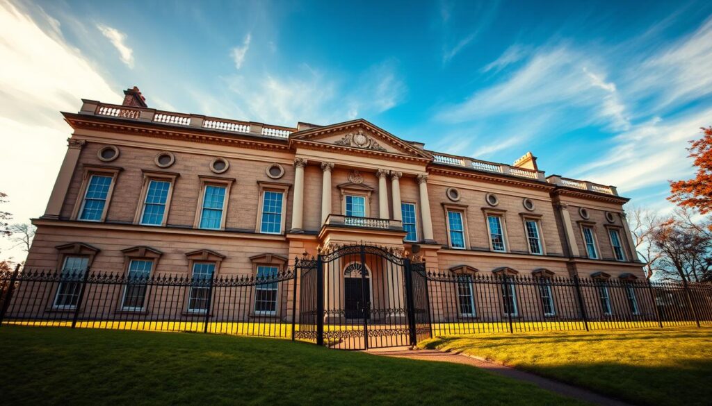 A stately building with a classic Georgian facade, adorned with ornate columns and a grand entrance. Warm, golden light cascades across the sturdy stone walls, casting soft shadows that accentuate the architectural details. In the foreground, a manicured lawn leads to a wrought-iron gate, hinting at the prestigious nature of the establishment. The sky above is a brilliant azure, with wispy clouds adding depth and dimension. This image conveys the solidity, reliability, and tradition associated with the NFU Mutual life insurance brand, perfectly encapsulating the essence of the "whole of life cover" offering. A stately building with a classic Georgian facade, adorned with ornate columns and a grand entrance. Warm, golden light cascades across the sturdy stone walls, casting soft shadows that accentuate the architectural details. In the foreground, a manicured lawn leads to a wrought-iron gate, hinting at the prestigious nature of the establishment. The sky above is a brilliant azure, with wispy clouds adding depth and dimension. This image conveys the solidity, reliability, and tradition associated with the NFU Mutual life insurance brand, perfectly encapsulating the essence of the "whole of life cover" offering.