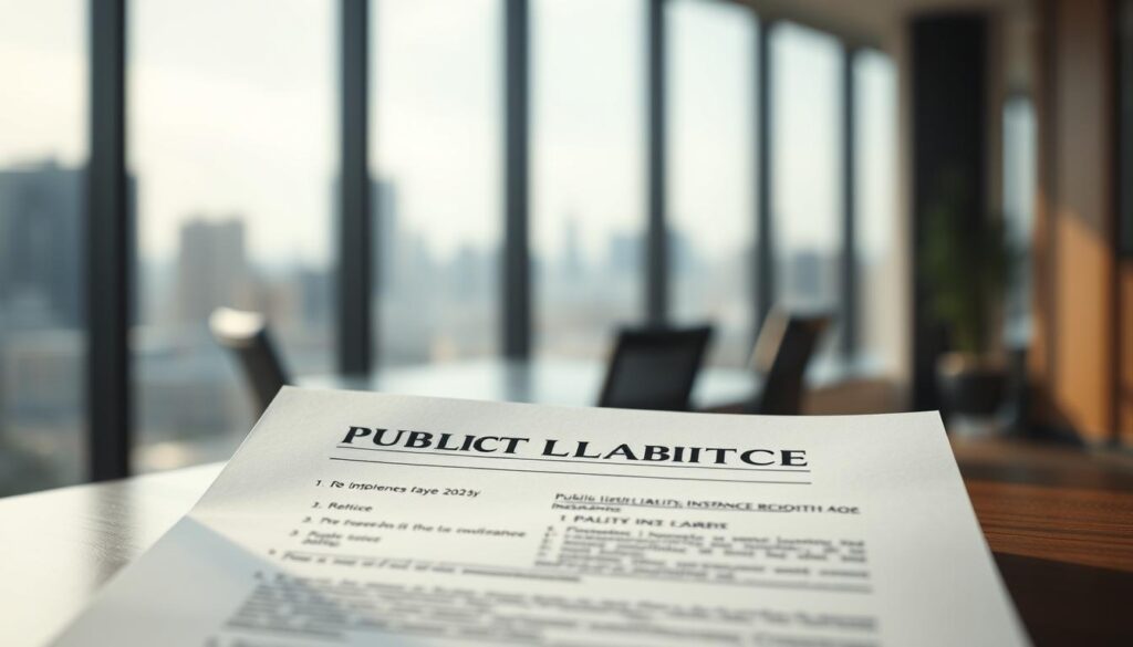 A striking image of a public liability insurance policy document, bathed in soft, natural lighting. The document sits prominently in the foreground, its crisp, professional design and clear headers conveying the importance of this essential business coverage. In the middle ground, a blurred office setting suggests a professional, corporate atmosphere, while the background features a subtle, muted cityscape, hinting at the broader context of urban commerce and the need for comprehensive protection. The overall mood is one of reassurance and security, underscoring the vital role of public liability insurance in safeguarding business assets and operations. A striking image of a public liability insurance policy document, bathed in soft, natural lighting. The document sits prominently in the foreground, its crisp, professional design and clear headers conveying the importance of this essential business coverage. In the middle ground, a blurred office setting suggests a professional, corporate atmosphere, while the background features a subtle, muted cityscape, hinting at the broader context of urban commerce and the need for comprehensive protection. The overall mood is one of reassurance and security, underscoring the vital role of public liability insurance in safeguarding business assets and operations.