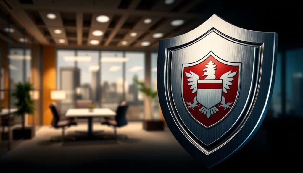 A striking professional indemnity illustration showcasing a secure shield shielding a modern office interior. The foreground depicts a robust, metallic shield emblazoned with a professional emblem, exuding a sense of protection and reliability. The middle ground reveals a well-appointed office space, with sleek furniture, sophisticated lighting, and a professional yet warm atmosphere. The background features a blurred city skyline, symbolizing the broader business landscape. The lighting is soft and directional, creating depth and highlighting the shield's sturdy construction. The overall composition conveys the idea of comprehensive coverage and safeguarding one's professional endeavors. A striking professional indemnity illustration showcasing a secure shield shielding a modern office interior. The foreground depicts a robust, metallic shield emblazoned with a professional emblem, exuding a sense of protection and reliability. The middle ground reveals a well-appointed office space, with sleek furniture, sophisticated lighting, and a professional yet warm atmosphere. The background features a blurred city skyline, symbolizing the broader business landscape. The lighting is soft and directional, creating depth and highlighting the shield's sturdy construction. The overall composition conveys the idea of comprehensive coverage and safeguarding one's professional endeavors.