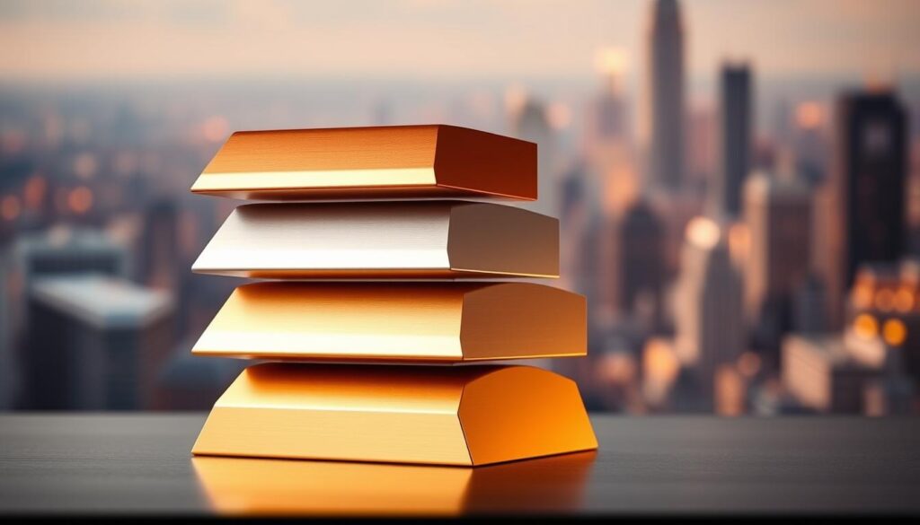 A striking visual representation of the metal tiers for health insurance plans. In the foreground, four stacked rectangular shapes in the distinct colors of bronze, silver, gold, and platinum, symbolizing the four coverage levels. The shapes have a sleek, minimalist design with subtle gradients and lighting effects, creating a sense of depth and dimensionality. The middle ground features a backdrop of a softly blurred cityscape, hinting at the real-world context of these insurance plans. The overall lighting is warm and inviting, with a subtle directional light source casting gentle shadows and highlights across the forms. The composition is balanced and harmonious, drawing the viewer's eye to the central tiers and emphasizing their comparative nature. A striking visual representation of the metal tiers for health insurance plans. In the foreground, four stacked rectangular shapes in the distinct colors of bronze, silver, gold, and platinum, symbolizing the four coverage levels. The shapes have a sleek, minimalist design with subtle gradients and lighting effects, creating a sense of depth and dimensionality. The middle ground features a backdrop of a softly blurred cityscape, hinting at the real-world context of these insurance plans. The overall lighting is warm and inviting, with a subtle directional light source casting gentle shadows and highlights across the forms. The composition is balanced and harmonious, drawing the viewer's eye to the central tiers and emphasizing their comparative nature.